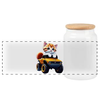 Un chat sur le camion monstre - Boîte à biscuits avec couvercle en bois - blanc - Devant