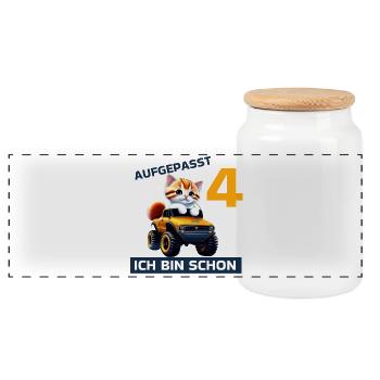 4. Geburtstag Katze auf Monstertruck 4 Jahre alt - Panorama Keksdose mit Holzdeckel - Weiß - Vorne