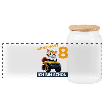 8. Geburtstag Katze auf Monstertruck 8 Jahre alt - Panorama Keksdose mit Holzdeckel - Weiß - Vorne