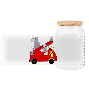 Quatre - 4e anniversaire - Camion de pompiers - Souris tout-petits - Boîte à biscuits avec couvercle en bois - blanc - Devant