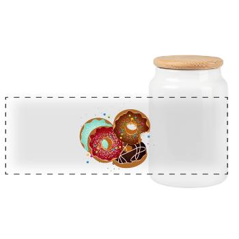 vier bunt glasierte Donuts mit vielen Streuseln - Panorama Keksdose mit Holzdeckel - Weiß - Vorne