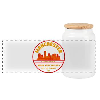 Manchester Skyline Round Stamp - Panoramic Cookie Jar with Wooden Lid - white - Front