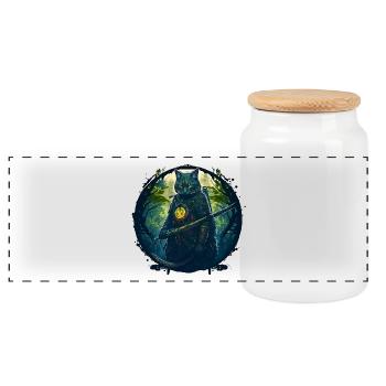 Cat as samurai in forest - Panoramic Cookie Jar with Wooden Lid - white - Front