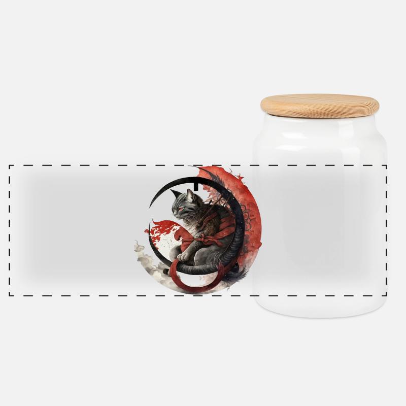 Katze im Japanischem Stil - Panorama Keksdose mit Holzdeckel - Weiß