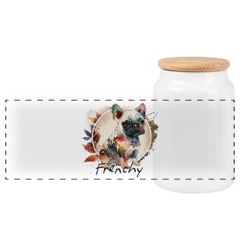 French Bulldog Watercolor Painting - Panoramic Cookie Jar with Wooden Lid - white - Front