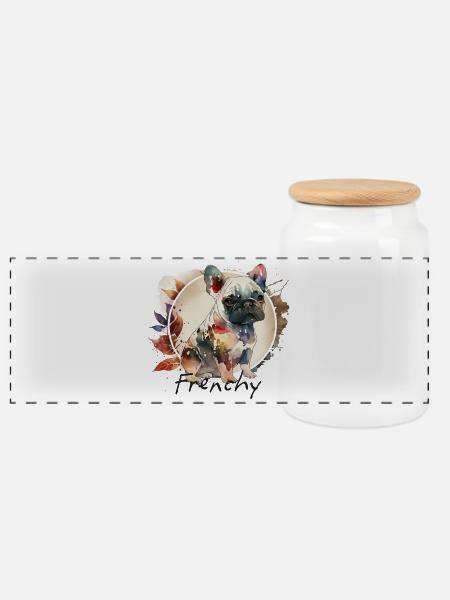 Französische Bulldogge Aquarell - Panorama Keksdose mit Holzdeckel - Weiß