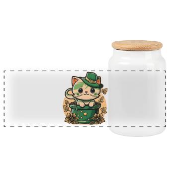 Cat in the flowerpot St. Patrick's Day - Panoramic Cookie Jar with Wooden Lid - white - Front