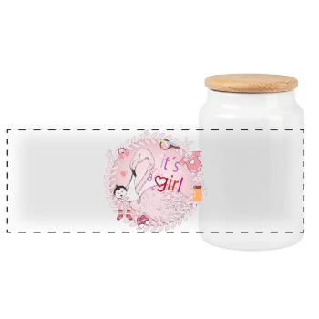 Flamingo mit Baby und Baby Utensilien in Rosa - Panorama Keksdose mit Holzdeckel - Weiß - Vorne