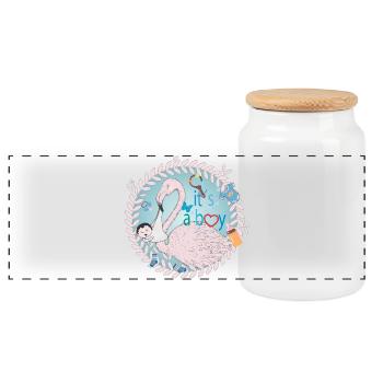 Flamingo mit Baby und Baby Utensilien in Blau - Panorama Keksdose mit Holzdeckel - Weiß - Vorne