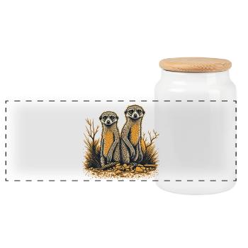 Two meerkats - Panoramic Cookie Jar with Wooden Lid - white - Front