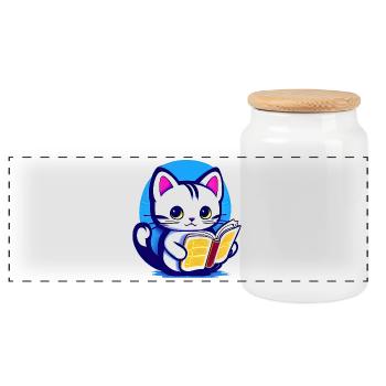 Cat reads a book - Panoramic Cookie Jar with Wooden Lid - white - Front