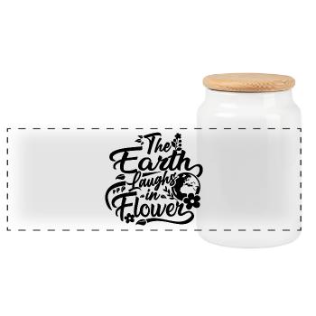 the earth laughs in flower - Panoramic Cookie Jar with Wooden Lid - white - Front