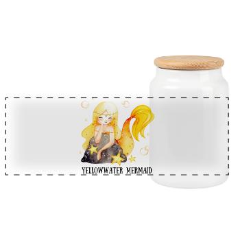 Yellow-Water Mermaid - Panoramic Cookie Jar with Wooden Lid - white - Front