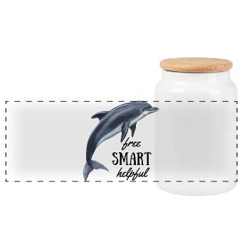 Delfin - free, smart, helpful - Panoramic Cookie Jar with Wooden Lid - white - Front