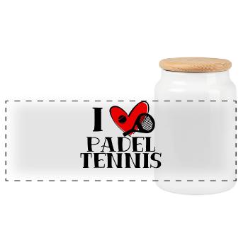 I Love Padel Tennis Heart Player Statement - Panoramic Cookie Jar with Wooden Lid - white - Front