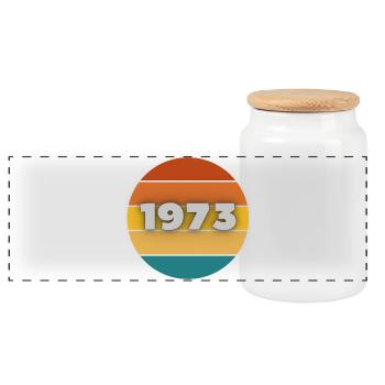 1973, Geburtsjahr, 50 Jahre - Panorama Keksdose mit Holzdeckel - Weiß - Vorne