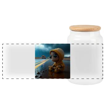 Alien baby lost on the road - Panoramic Cookie Jar with Wooden Lid - white - Front