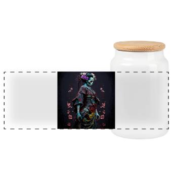 Geisha Dia muerta Floral Ebony – Geisha Zombie - Panorama Keksdose mit Holzdeckel - Weiß - Vorne