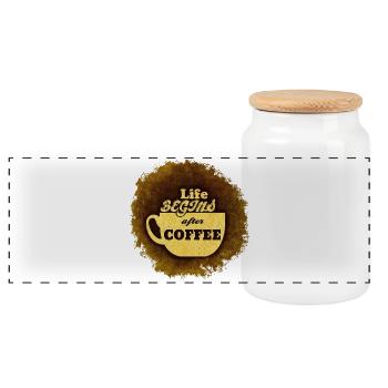 Das Leben beginnt erst nach der ersten Tasse Kaffee # - Panorama Keksdose mit Holzdeckel - Weiß - Vorne