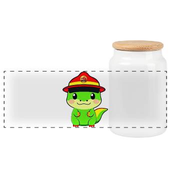 Dinosaur Fire Department - Panoramic Cookie Jar with Wooden Lid - white - Front