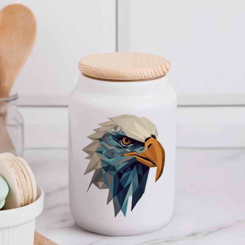 Stylized, geometric eagle Panoramic Cookie Jar with Wooden Lid