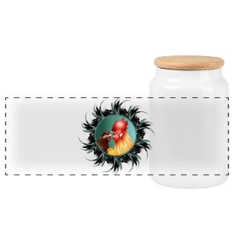 Rooster with hen and chicks in feather frame - Panoramic Cookie Jar with Wooden Lid - white - Front