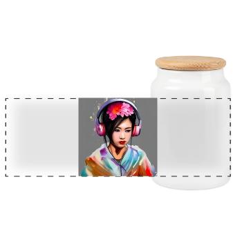 Headphones Geisha Color Explosion - Panoramic Cookie Jar with Wooden Lid - white - Front