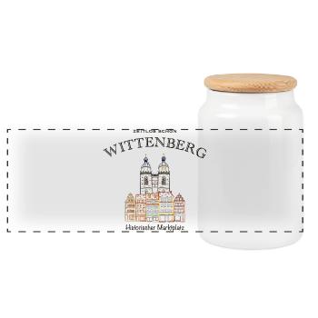 Wittenberg, kultiger Marktplatz, Weltkulturerbe - Panorama Keksdose mit Holzdeckel - Weiß - Vorne