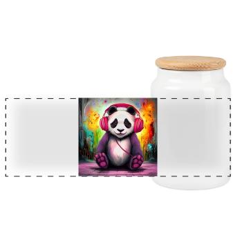Panda DJ mit bunten Kopfhörern - Panorama Keksdose mit Holzdeckel - Weiß - Vorne