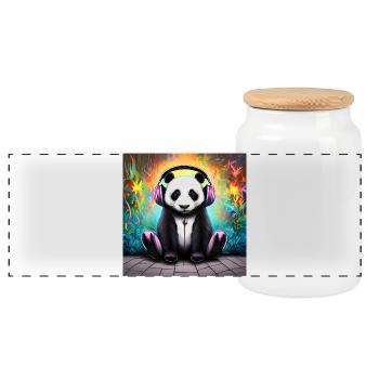 Panda mit neonfarbenen Kopfhörern - Panorama Keksdose mit Holzdeckel - Weiß - Vorne