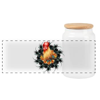 magnificent rooster in feather frame - Panoramic Cookie Jar with Wooden Lid - white - Front