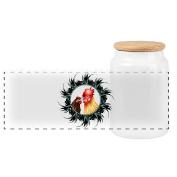 Rooster with hen in feather frame - Panoramic Cookie Jar with Wooden Lid - white - Front