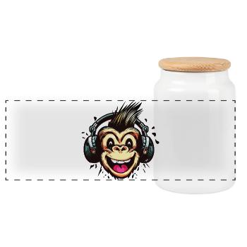 Drôle de DJ Monkey avec casque - Boîte à biscuits avec couvercle en bois - blanc - Devant