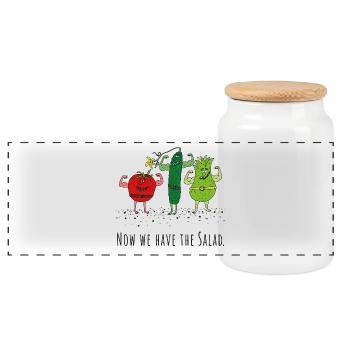 Denglish: Now we have the salad - veggi, vegetables - Panoramic Cookie Jar with Wooden Lid - white - Front