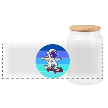 Spaceman, astronaut, rocket - Panoramic Cookie Jar with Wooden Lid - white - Front