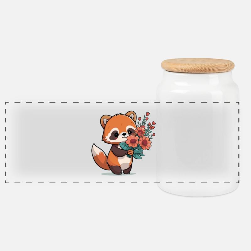 roter Panda mit Blumen - Panorama Keksdose mit Holzdeckel - Weiß