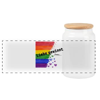 Liebe ist Liebe – Regenbogen Pride Design - Panorama Keksdose mit Holzdeckel - Weiß - Vorne