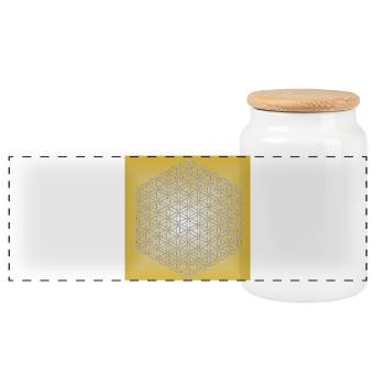 Blume des Lebens silber - 5. Dimension - Panorama Keksdose mit Holzdeckel - Weiß - Vorne