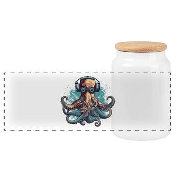 Cool nerdy octopus with glasses and headphones - Panoramic Cookie Jar with Wooden Lid - white - Front