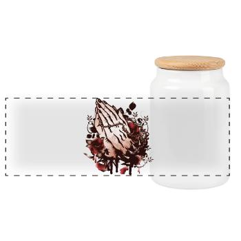 two hands praying with rosary and roses - Panoramic Cookie Jar with Wooden Lid - white - Front