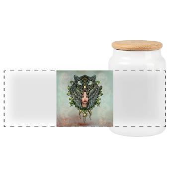 In the protection of the owl - Panoramic Cookie Jar with Wooden Lid - white - Front