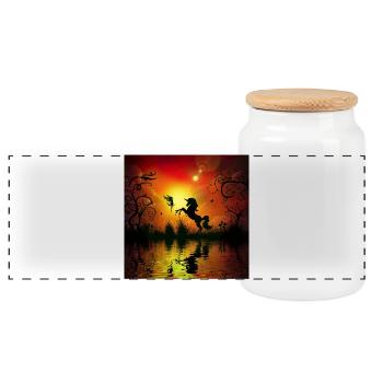 Licorne et fée jouant au coucher du soleil. - Boîte à biscuits avec couvercle en bois - blanc - Devant