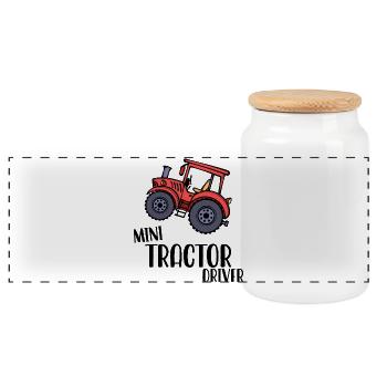 Agricultural Machinery Young Farmer Vehicle Statement Tractor - Panoramic Cookie Jar with Wooden Lid - white - Front