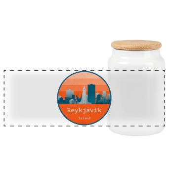 Reykjavík Skyline – Iceland Retro Design - Panoramic Cookie Jar with Wooden Lid - white - Front