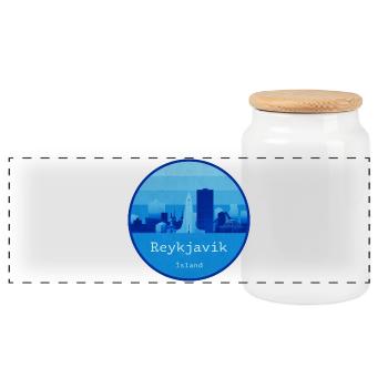 Reykjavík Skyline Blue Round Logo - Panoramic Cookie Jar with Wooden Lid - white - Front