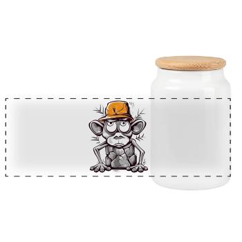 Humorous monkey with cap illustration - Panoramic Cookie Jar with Wooden Lid - white - Front