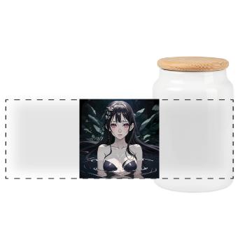 Cute Anime Girl In Water With Black Hair - Panoramic Cookie Jar with Wooden Lid - white - Front
