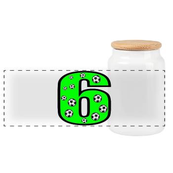 Number 6 - Six - Soccer - 6th Children's Birthday Party - Panoramic Cookie Jar with Wooden Lid - white - Front