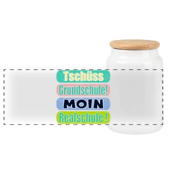 Tschüss Grundschule - Moin Realschule - Panorama Keksdose mit Holzdeckel - Weiß - Vorne