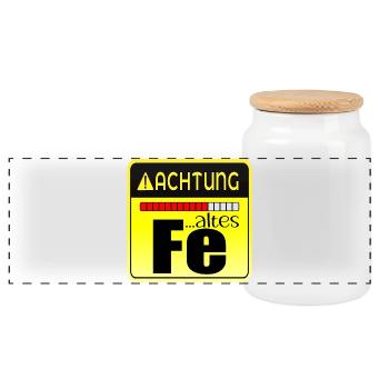 Geburtstagsgeschenk - Altes Eisen Chemie - Panorama Keksdose mit Holzdeckel - Weiß - Vorne